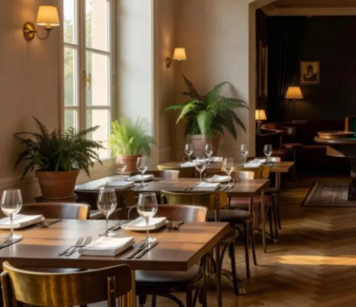 Intérieur lumineux du bistro Atelier Gourmand avec vue sur le salon de jeu