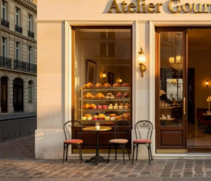 Façade lumineuse d'Atelier Gourmand dans une rue parisienne