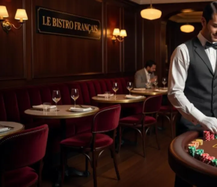 Ambiance feutrée d'un salon de jeux hors ligne avec table de roulette et lumières chaleureuses