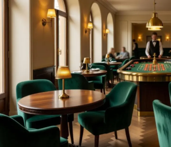 salon de jeux Atelier Gourmand avec tables de roulette et poker sous lumière tamisée