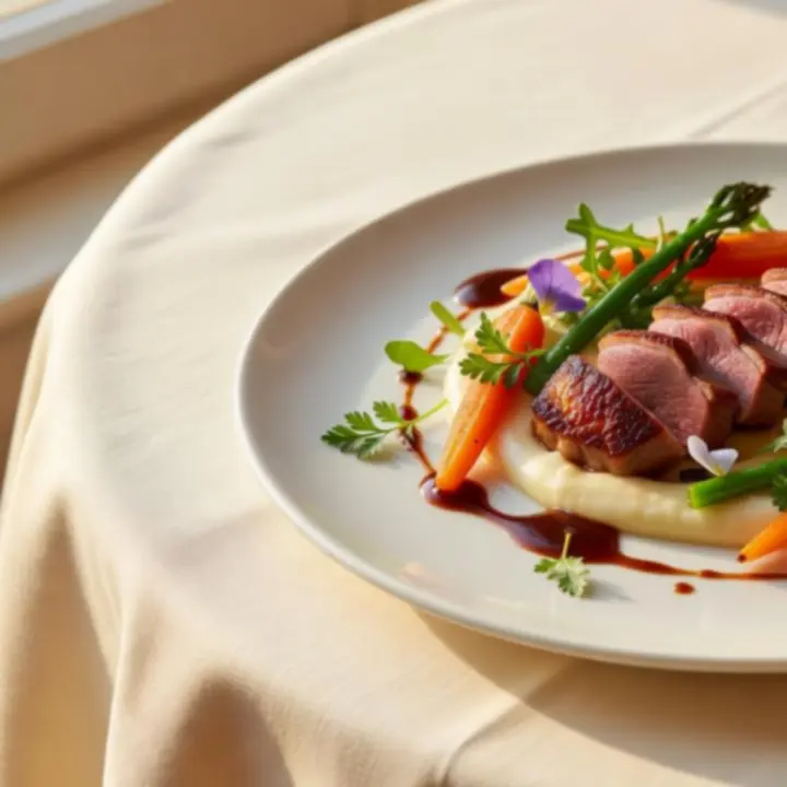 Assiette signature dressée avec précision dans un intérieur de bistro lumineux