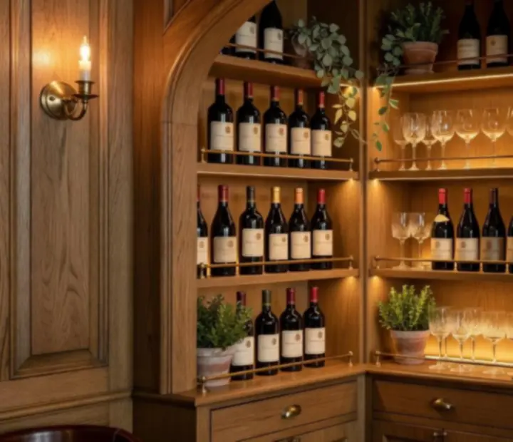 Cave à vins contemporaine aux étagères en bois éclairées d'une lumière dorée